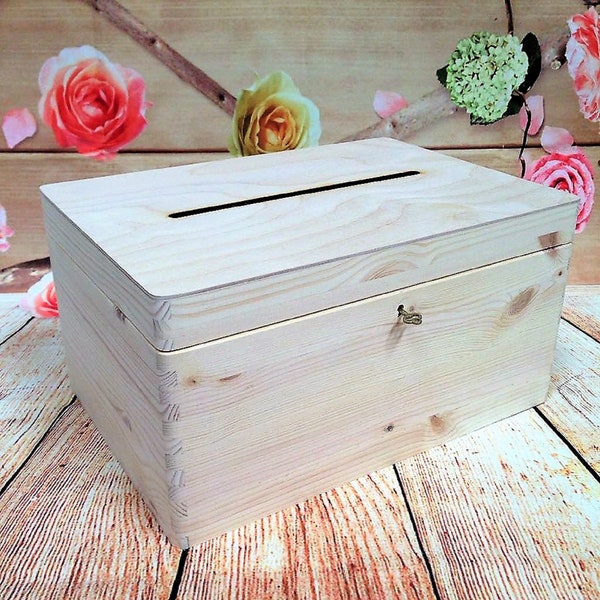 Lockable Natural Wooden Box -Wedding Guests Wish Post Box with Slot- Funeral Memory Box - Wedding Cards Drop in Memory Box- Suggestion Box
