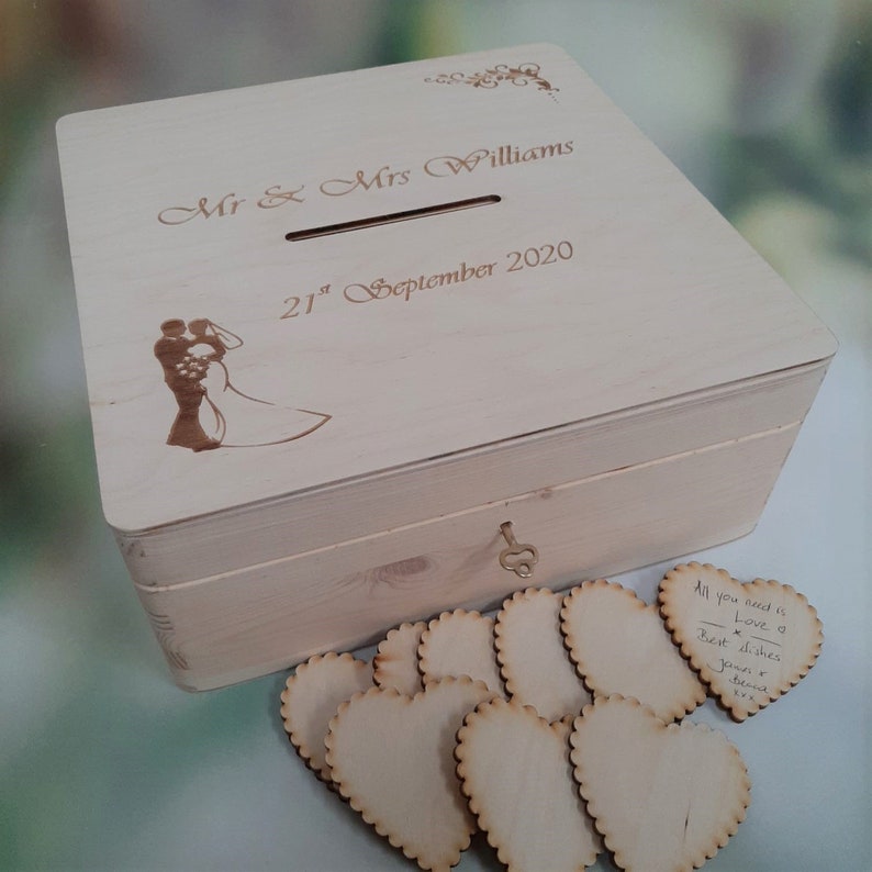 Lockable Wooden Wedding Card Box Personalised Post Box with key lock Wedding Memory Case Slot Box for Wooden Hearts Tags Guest Wishes