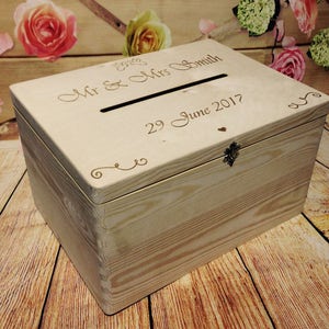 Personalised Card Box With Slot - Wedding Guest Box - Pine Wood Box With Clasp - Large Keepsake Box - Clasp Box - Bride Groom Decorative