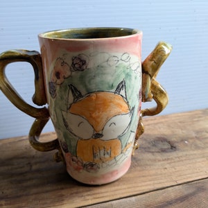 Double Handled Cozy Pink Handmade Ceramic Fox Mug, Woodland Buddy Pottery Coffee Cup, Hand drawn sweet animal drinkware