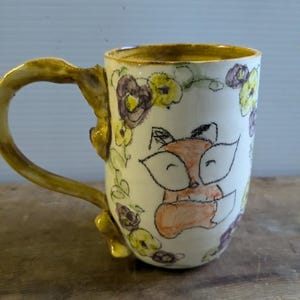 Amber Yellow White Ceramic Handmade Cozy Fox Mug, Woodland Buddy Pottery Coffee Cup, Sweet Hand Drawn Animal Drinkware