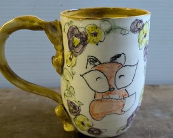 Handgemachte Keramik Fuchs Tasse, Bernstein Gelb, Woodland Trinkgefäß