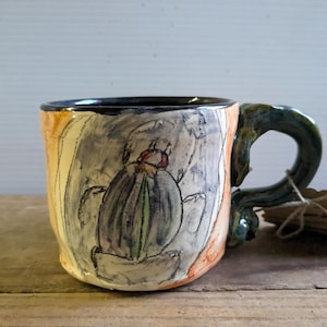 Handmade Ceramic Blue Scarab Beetle Mug, Orange Purple Creepy Insect Woodland Pottery Coffee Cup, Hand Drawn Bug Drinkware, Hot Cocoa Glass