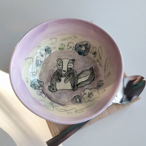 Skunk jewelry bowl, handmade pottery ring dish, hand drawn woodland buddy ring bowl, purple lavender blue and white ceramic jewelry storage