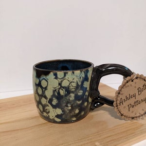 Cute Aqua Blue and Black Beehive Graphic Print Pottery Mug, Honeycomb Coffee Cup, 12 oz Handmade Ceramic Hot Cocoa Soup Cup