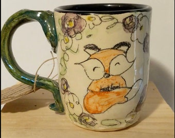 Black and White Ceramic Handmade Cozy Fox Mug, Woodland Buddy Pottery Coffee Tea Cup, Sweet Hand Drawn Animal Drinkware