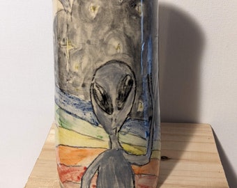 Grey Black and White Rainbow Cloud Handmade Ceramic Alien Vase, Hand Drawn UFO Extraterrestrial Pottery Cup, ET Buddy Home Decor, ET Friend