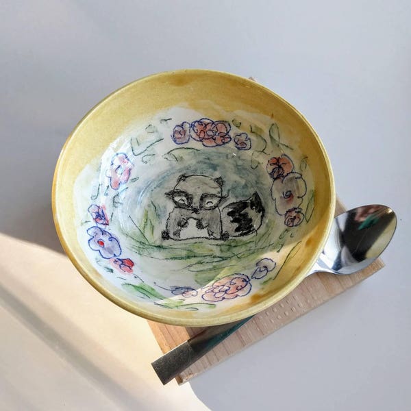 Yellow ceramic chubby raccoon ring dish, whimsical woodland buddy jewelry storage pottery trinket dish, floral forest friend ice cream bowl