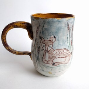 Handmade Ceramic Deer Fawn Mug, Amber and Blue Woodland Pottery Coffee Cup, Sweet Hand Drawn Animal Drinkware, Forest Friend Hot Cocoa Glass image 1