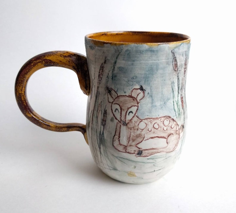 Handmade Ceramic Deer Fawn Mug, Amber and Blue Woodland Pottery Coffee Cup, Sweet Hand Drawn Animal Drinkware, Forest Friend Hot Cocoa Glass image 1