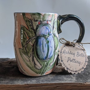 Handmade Ceramic Blue Beetle Mug, Green Yellow Purple Orange Creepy Woodland Pottery Coffee Cup, Hand Drawn Bug Drinkware, Hot Cocoa Glass
