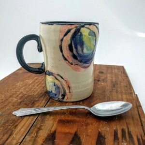 Handmade Ceramic Rainbow Coffee Mug, Watercolor Polka Dot Pottery, Abstract Multicolored Circle Drinkware; READY TO SHIP- Artist Choice