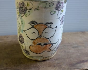 Handmade Fox Ceramic Cup, Floral Woodland Design