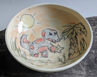 Cute ceramic dinosaur ring dish, whimsical buddy jewelry storage, white pottery trinket dish, animal friend ice cream kids bowl prep bowl