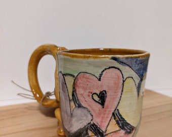 Love Rainbow Graffiti Graphic Print Pottery Mug, Amber Yellow Multi color Street Art Coffee Cup, 7oz Handmade Ceramic Tea Cup,  Espresso Cup