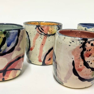 Handmade Ceramic Rainbow Shot Cups, Watercolor Polka Dot Pottery Bud Vase, Abstract Multicolor Circle Whiskey Water Wine Drinkware