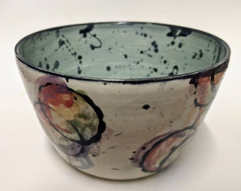 Aqua Blue & White Drippy Rainbow Polka Dot Serving, Soup Bowl, Cute Handmade Ceramic Pho Ramen Dish, Modern Colorful Circle Print Home Decor