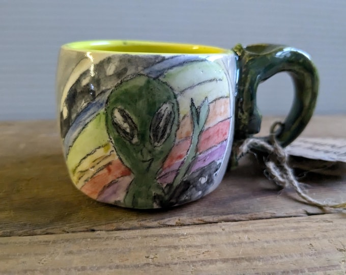 Handmade Alien Ceramic Mug, Illustrated Pottery Coffee Cup, 7oz