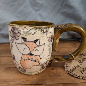 Purple, Amber Yellow, and White Ceramic Handmade Cozy Fox Mug, Woodland Buddy Pottery Coffee Tea Cup, Sweet Hand Drawn Animal Drinkware