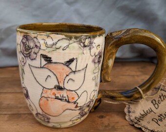 Purple, Amber Yellow, and White Ceramic Handmade Cozy Fox Mug, Woodland Buddy Pottery Coffee Tea Cup, Sweet Hand Drawn Animal Drinkware