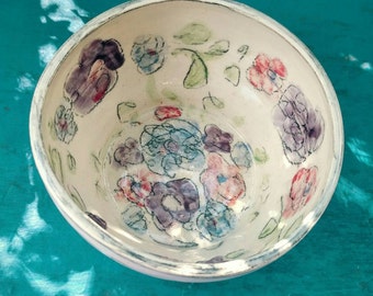 Handmade ceramic floral dessert bowl, whimsical jewelry earring storage, pottery trinket dish, hand drawn white flower ice cream bowl