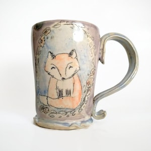 Purple  Ceramic Handmade Cozy Fox Mug, Woodland Buddy Pottery Coffee Cup, Sweet Hand Drawn Animal Drinkware
