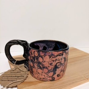 Pink and Black Beehive Graphic Print Pottery Mug, Cute  Honeycomb Coffee Cup, 12 oz Handmade Ceramic Hot Cocoa Soup Cup