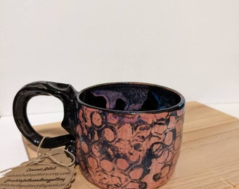 Pink and Black Beehive Graphic Print Pottery Mug, Cute  Honeycomb Coffee Cup, 12 oz Handmade Ceramic Hot Cocoa Soup Cup