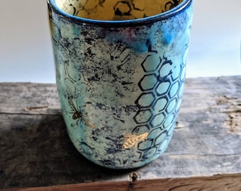 Gold Bee Acent Blue Beehive and Amber Yellow Pottery Tumbler, Handmade Ceramic Cup, Rustic Home Decor, Vase, Make Up Brush Holder, Pen Cup