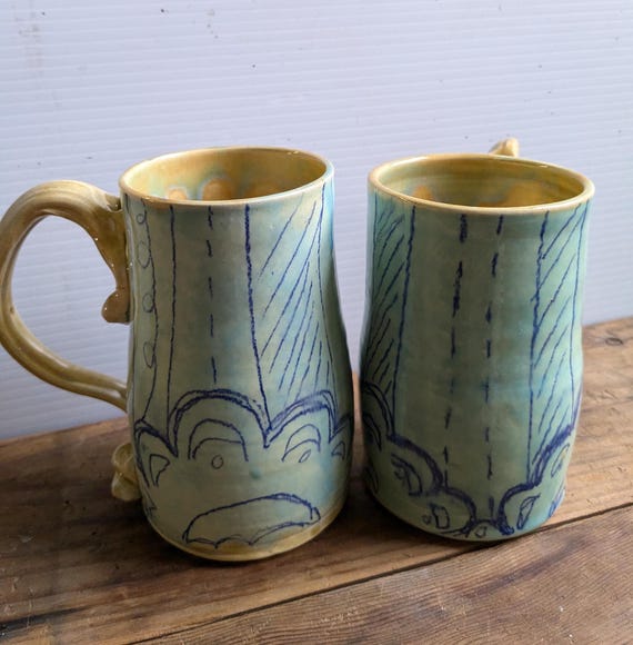 Handmade Pottery Mug, Aqua Blue Yellow Ceramic Cup, Vintage Cloud Design