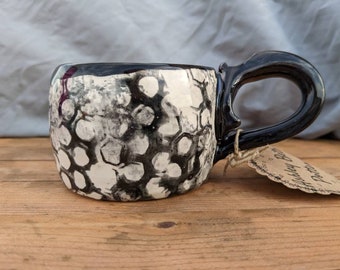 Cute Beehive Graphic Print Pottery Mug, Black and White Coffee Cup, 12 oz Handmade Ceramic Coffee Soup Cup