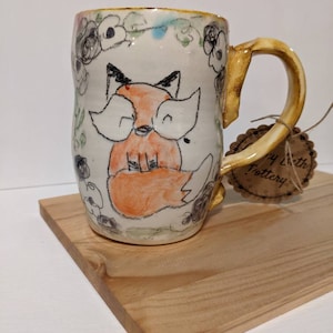 Pink Purple Amber Yellow White Ceramic Handmade Cozy Fox Mug, Woodland Buddy Pottery Coffee Cup, Sweet Hand Drawn Animal Drinkware