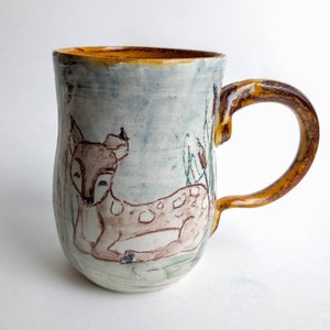 Handmade Ceramic Deer Fawn Mug, Amber and Blue Woodland Pottery Coffee Cup, Sweet Hand Drawn Animal Drinkware, Forest Friend Hot Cocoa Glass image 3