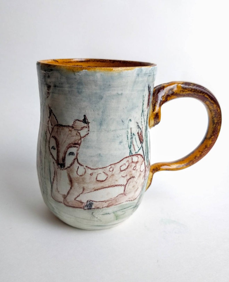 Handmade Ceramic Deer Fawn Mug, Amber and Blue Woodland Pottery Coffee Cup, Sweet Hand Drawn Animal Drinkware, Forest Friend Hot Cocoa Glass image 3