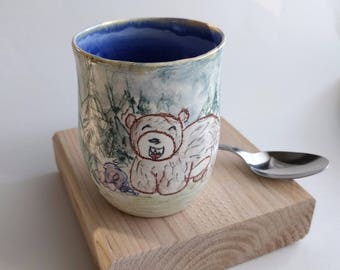 Friendly bear cup, cute handmade ceramic toothbrush holder, woodland trinket dish, pottery whiskey water glass, forest bathroom home decor