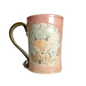 Cozy Pink Handmade Ceramic Fox Mug, Woodland Buddy Pottery Coffee Cup, Hand drawn sweet animal drinkware