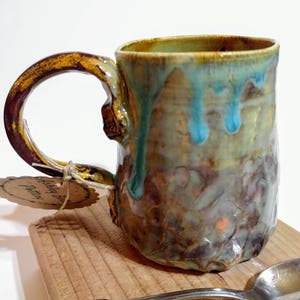 Handmade Ceramic Coffee Mug, Earthtone, Moss Green, Blue Brown Amber Yellow Textured Pottery Cup, Ashley Beth Pottery