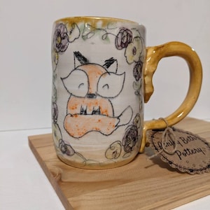 Purple, Yellow, and White Ceramic Handmade Cozy Fox Mug, Woodland Buddy Pottery Coffee Cup, Sweet Hand Drawn Animal Drinkware