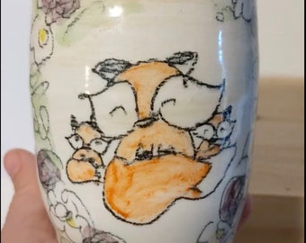 White Amber Yellow Ceramic Handmade Cozy Fox Family Vase, Baby Kit Flowers Woodland Buddy Pottery Cup, Sweet Hand Drawn Animal Home Decor #2