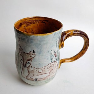 Handmade Ceramic Deer Fawn Mug, Amber and Blue Woodland Pottery Coffee Cup, Sweet Hand Drawn Animal Drinkware, Forest Friend Hot Cocoa Glass image 2