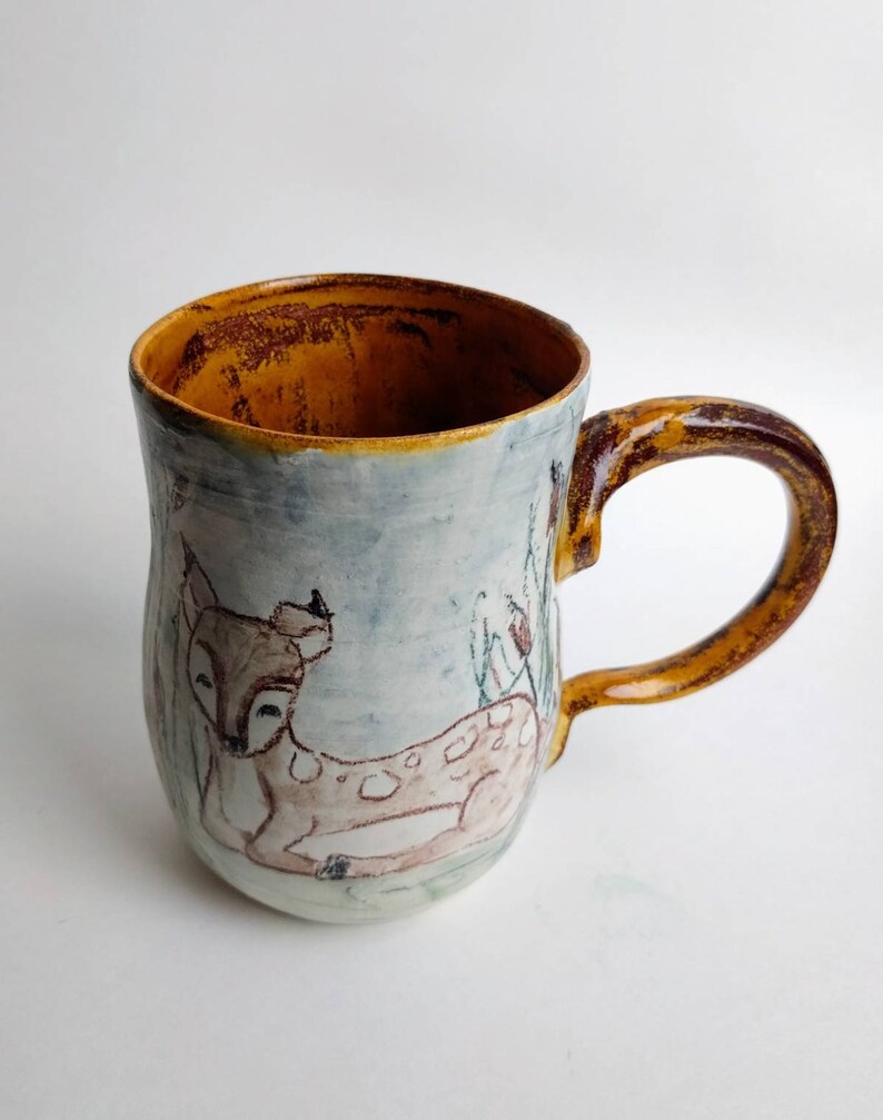 Handmade Ceramic Deer Fawn Mug, Amber and Blue Woodland Pottery Coffee Cup, Sweet Hand Drawn Animal Drinkware, Forest Friend Hot Cocoa Glass image 2