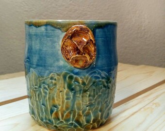 Blue and Amber Yellow Pottery Tumbler, Handmade Ceramic Carved Textured Cup, Rustic Home Decor, Vase, Make Up Brush Holder, Pen Cup