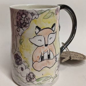 Purple, Yellow, and White Ceramic Handmade Cozy Fox Mug, Woodland Buddy Pottery Coffee Cup, Sweet Hand Drawn Animal Drinkware