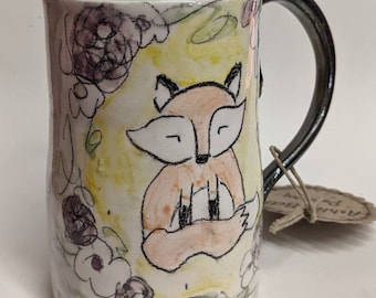 Purple, Yellow, and White Ceramic Handmade Cozy Fox Mug, Woodland Buddy Pottery Coffee Cup, Sweet Hand Drawn Animal Drinkware