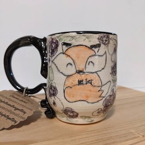 Black and White Ceramic Handmade Cozy Fox Mug, Woodland Buddy Pottery Coffee Tea Cup, Sweet Hand Drawn Animal Drinkware