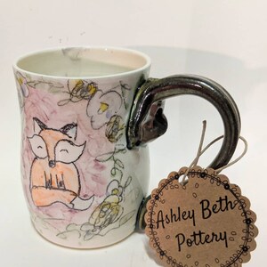 Purple, Yellow, and White Ceramic Handmade Cozy Fox Mug, Woodland Buddy Pottery Coffee Cup, Sweet Hand Drawn Animal Drinkware
