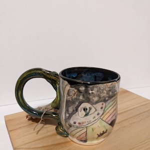 Taza de cerámica hecha a mano con diseño de extraterrestre arcoíris ET Ufo, taza de café y té con ilustración de Space Buddy, artículos para beber dulces hechos a mano