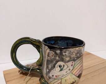 Taza de cerámica hecha a mano con diseño de extraterrestre arcoíris ET Ufo, taza de café y té con ilustración de Space Buddy, artículos para beber dulces hechos a mano