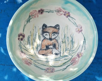 Handmade ceramic fox ring dish, whimsical woodland buddy jewelry storage pottery trinket dish, turquoise floral forest friend ice cream bowl
