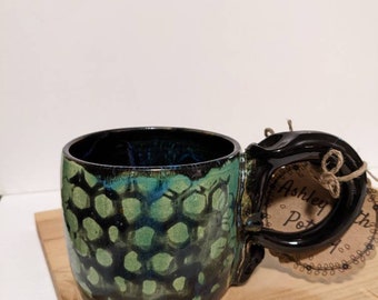 Turquoise Green and Black Beehive Graphic Print Pottery Mug, Cute  Honeycomb Coffee Cup, 12 oz Handmade Ceramic Hot Cocoa Soup Cup